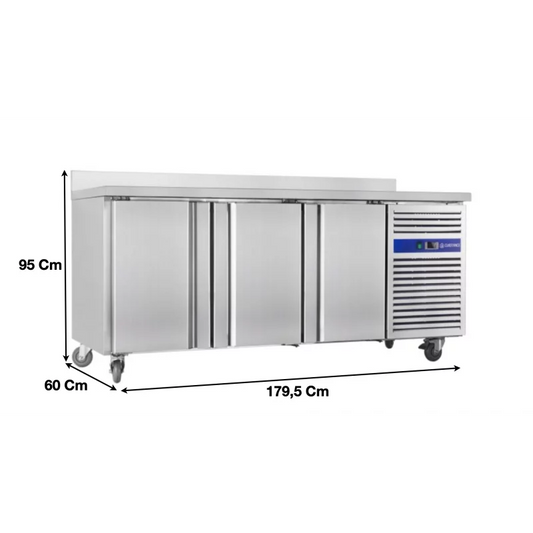 Table réfrigérée sur roulettes 3 portes avec dosseret tropicalisé